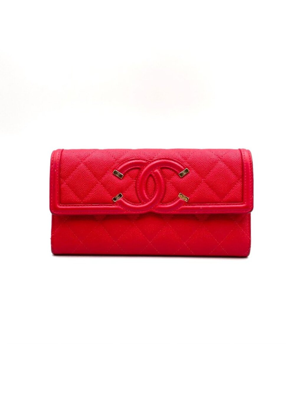 Chanel CC Filigree CC Logo Caviar Leather Red Wallet Gold